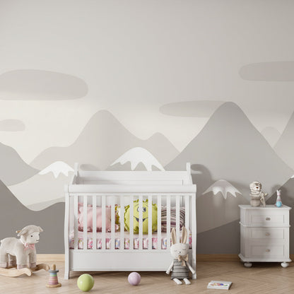 Kids-Mundo grey minimalist mountain mural behind a bed in a modern kids bedroom.
