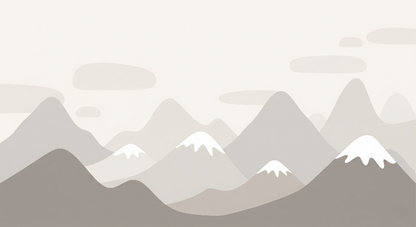 Kids-Mundo flat artwork of layered grey and taupe mountains with soft snow-capped peaks.