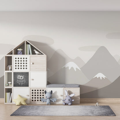 Kids-Mundo grey mountain wall mural adding quiet texture to a family playroom.