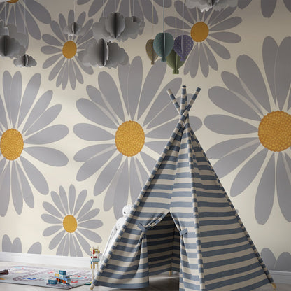 Kids-Mundo daisy pattern wall mural covering a kids bedroom wall beside a wooden shelf.