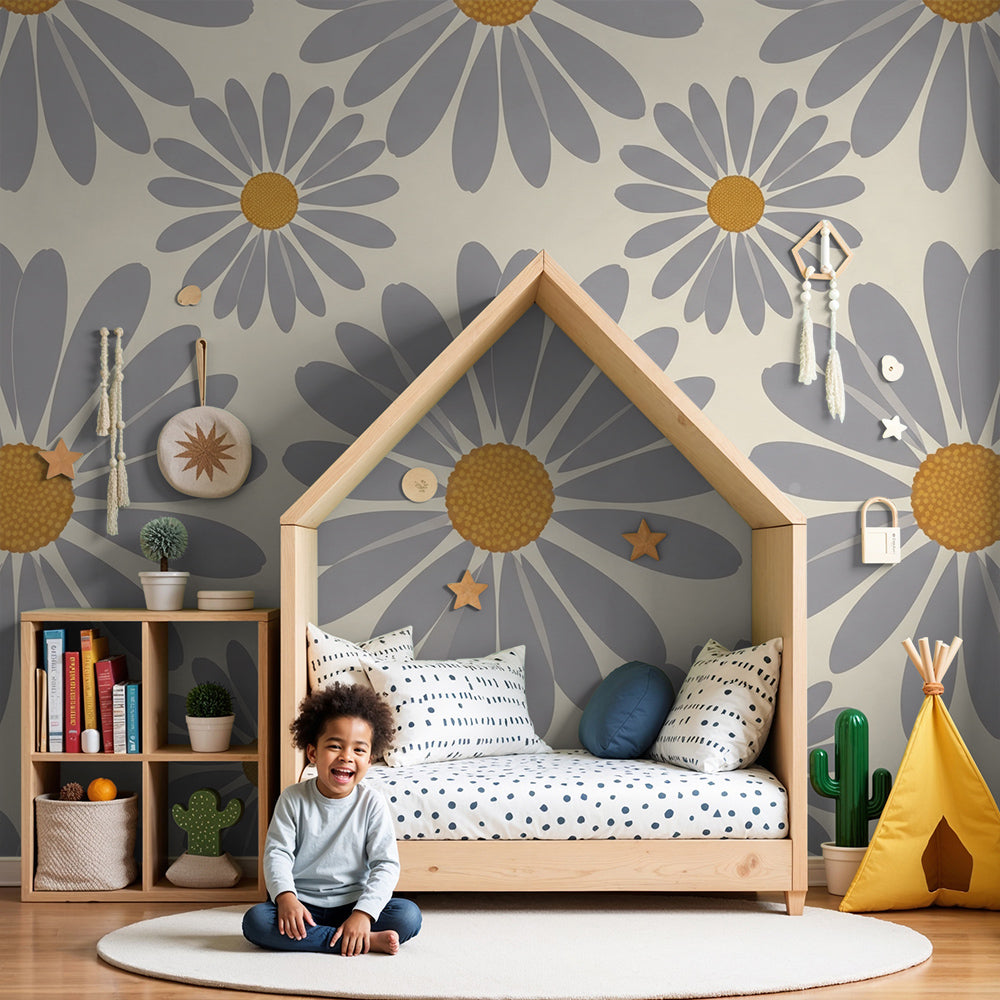 Kids-Mundo grey and mustard daisy wall mural in a nursery behind a white cot and rocking chair.