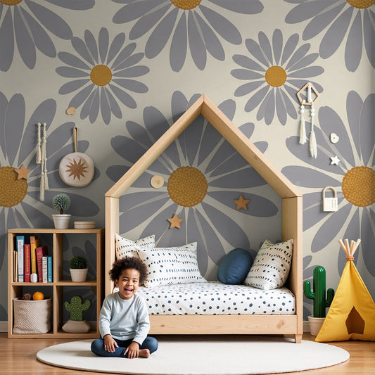 Kids-Mundo grey and mustard daisy wall mural in a nursery behind a white cot and rocking chair.