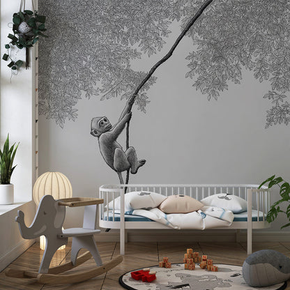 Kids-Mundo grey sketch monkey wall mural styled in a child's bedroom setting