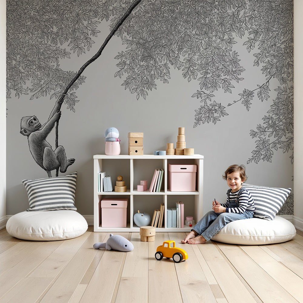 Kids-Mundo monochrome climbing monkey wall mural made to measure for a nursery feature wall