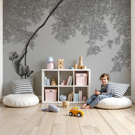 Kids-Mundo monochrome climbing monkey wall mural made to measure for a nursery feature wall