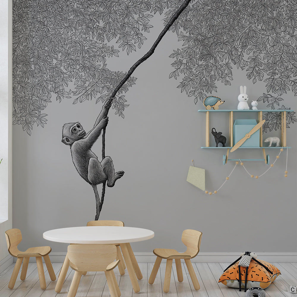 Kids-Mundo monochrome monkey climbing mural adding character to a kids' playroom wall