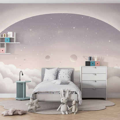 Kids-Mundo misty grey planet arch mural fitted to a bright kids bedroom wall
