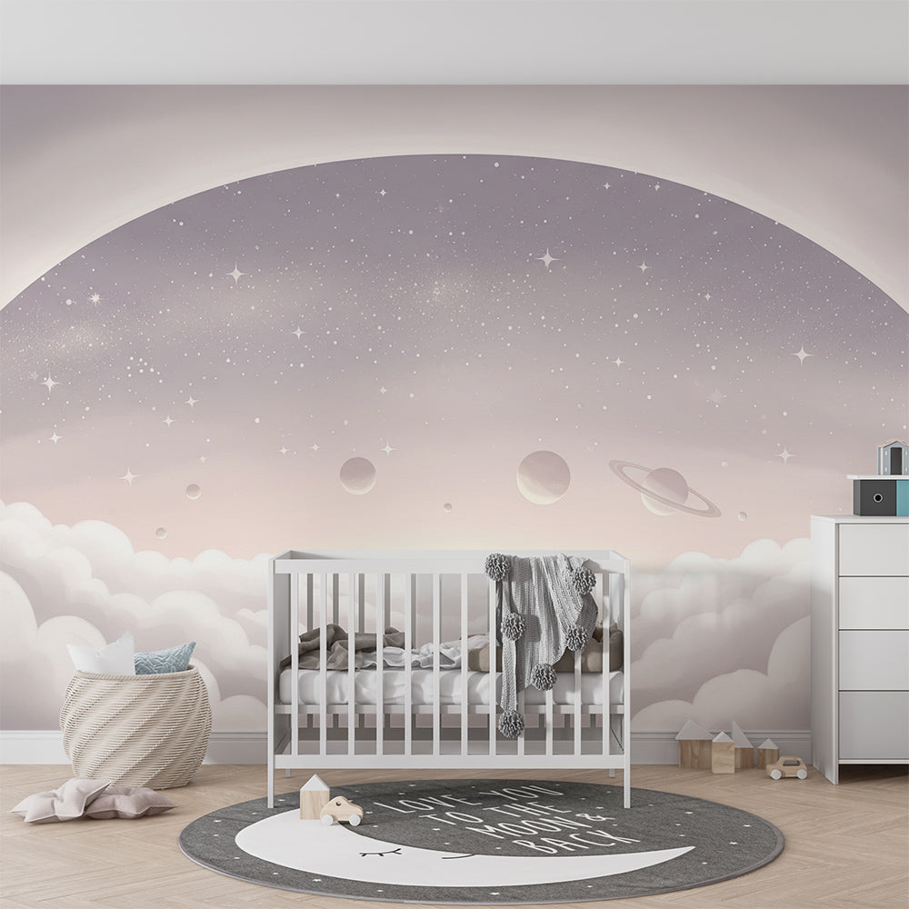 Kids-Mundo grey starry planet wallpaper design shown in a soft playroom setting