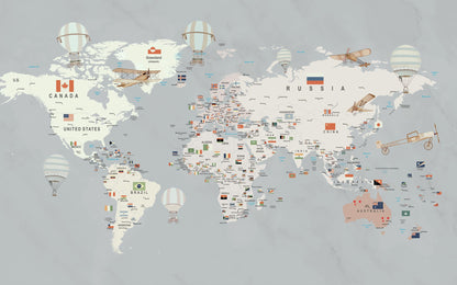 Kids-Mundo grey world map wall mural artwork, cream continents with striped balloons and vintage biplanes.