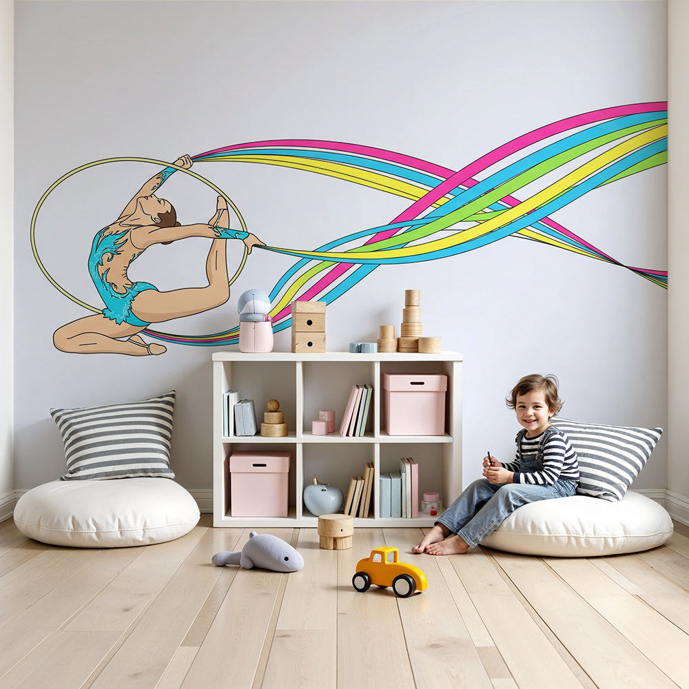 Kids-Mundo rhythmic gymnast rainbow ribbon mural on a kids bedroom wall