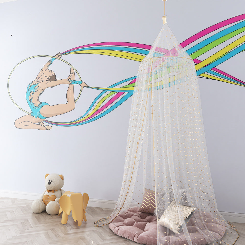 Kids-Mundo rainbow ribbon gymnast wall mural covering a bright playroom wall