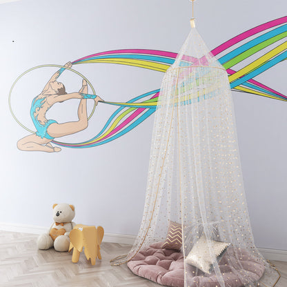 Kids-Mundo rainbow ribbon gymnast wall mural covering a bright playroom wall