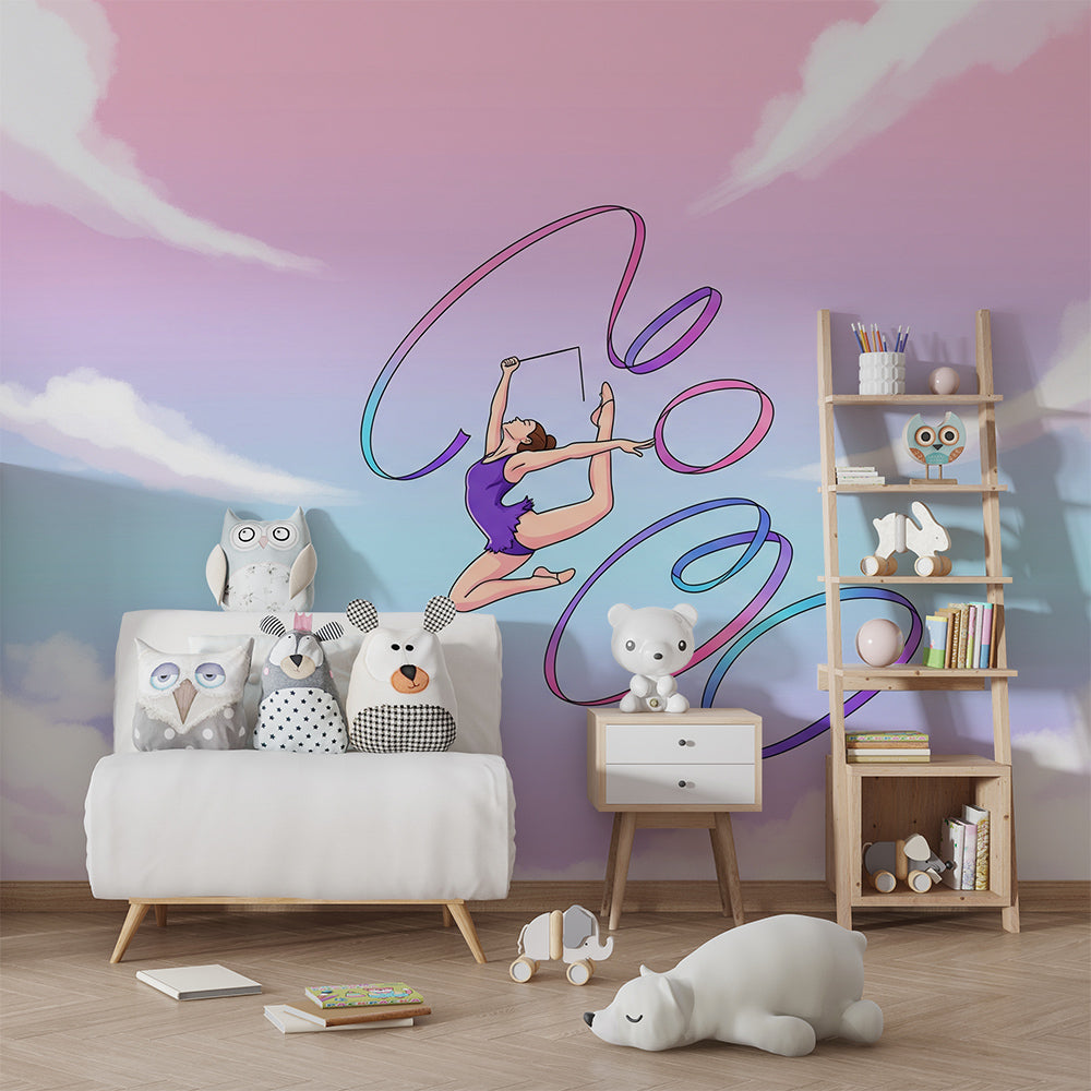 Kids-Mundo ribbon dancer mural on a feature wall in a pastel-toned kids bedroom