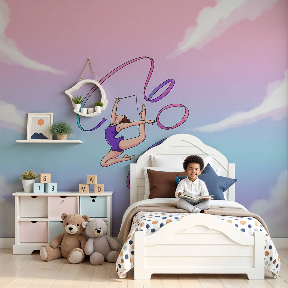 Kids-Mundo gymnast ribbon wall mural above a cot in a soft pastel nursery room