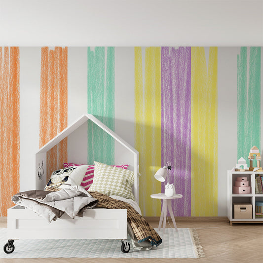 Kids-Mundo pastel crayon stripe wall mural covering a feature wall in a child's bedroom