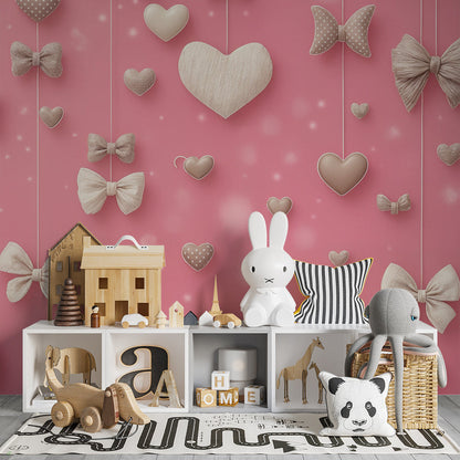 Kids-Mundo bows and hearts wall mural shown on a kids bedroom wall above a bed.