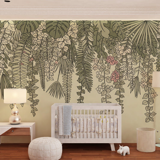 Kids-Mundo botanical floral wall mural behind a bed in a cosy kids bedroom