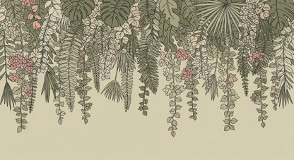 Kids-Mundo flat artwork of the hanging pink blossom and green leaf floral wall mural
