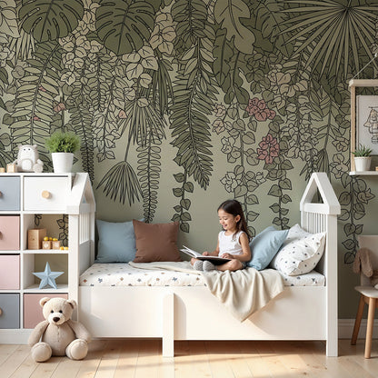Kids-Mundo hanging pink blossom floral wall mural above a cot in a soft nursery