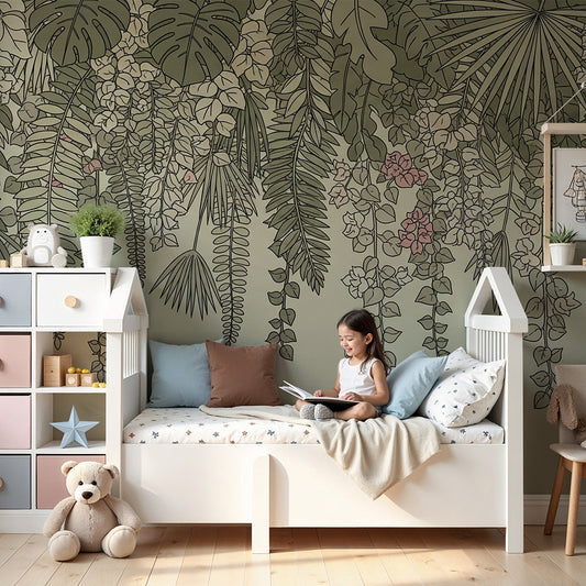 Kids-Mundo hanging pink blossom floral wall mural above a cot in a soft nursery