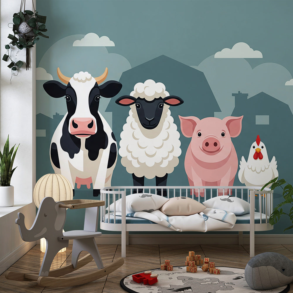 Kids-Mundo cow sheep pig chicken wall mural covering a feature wall in a kids bedroom