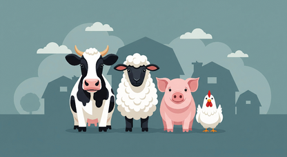Flat artwork of the Kids-Mundo happy farm animals design with cow, sheep, pig and chicken