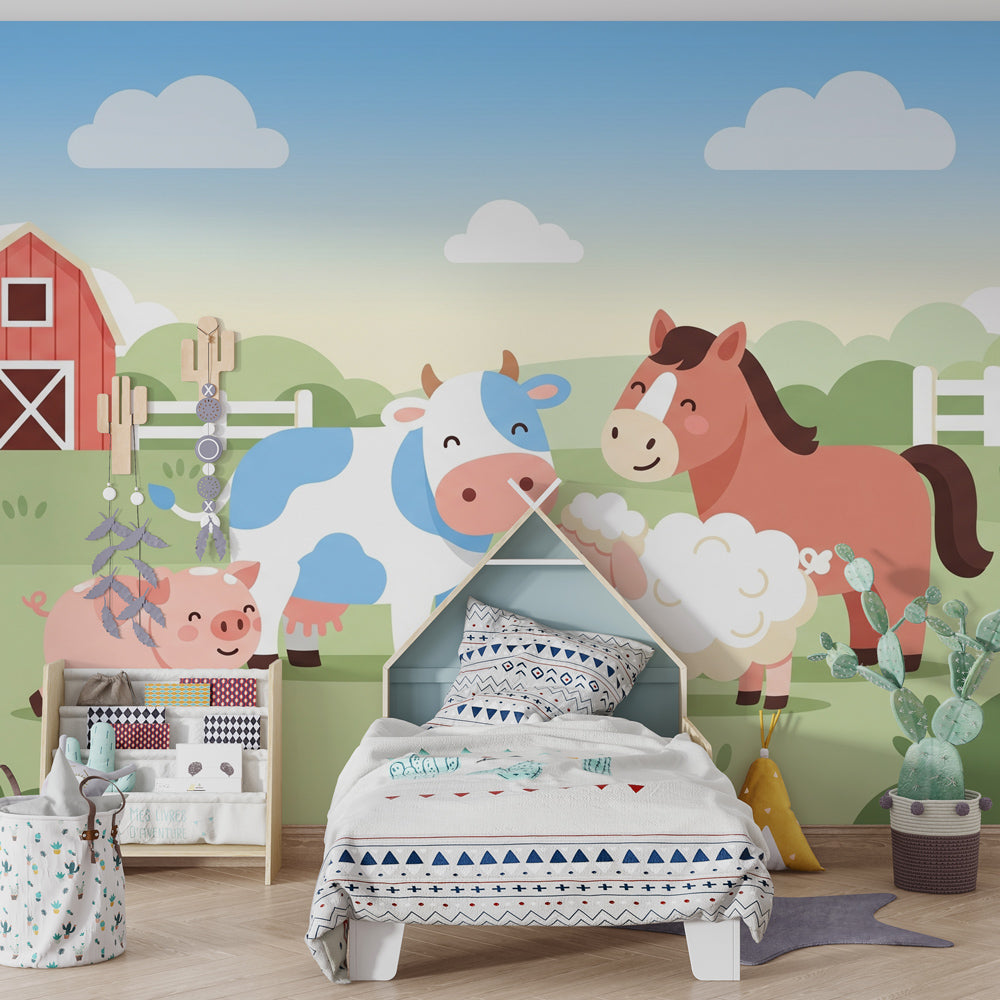 Kids-Mundo farmyard wall mural with cow, horse, pig and sheep behind a kids bedroom bed
