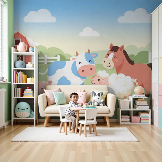 Kids-Mundo farm animal wall mural styled in a bright, playful baby nursery with a cot
