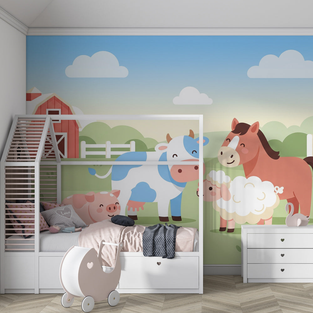 Kids-Mundo farm animal wall mural covering a playroom wall with toys nearby