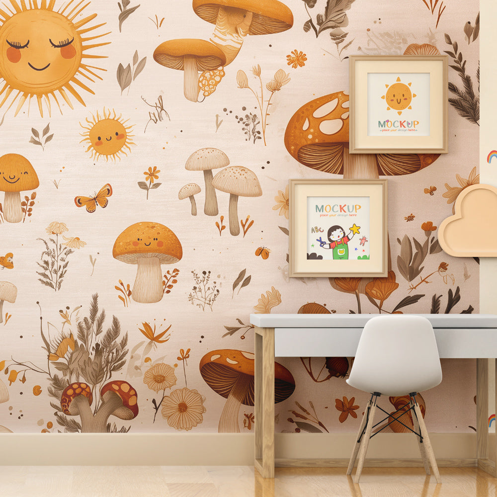 Kids-Mundo mushroom wallpaper mural behind a bed in a cosy mustard-toned kids bedroom