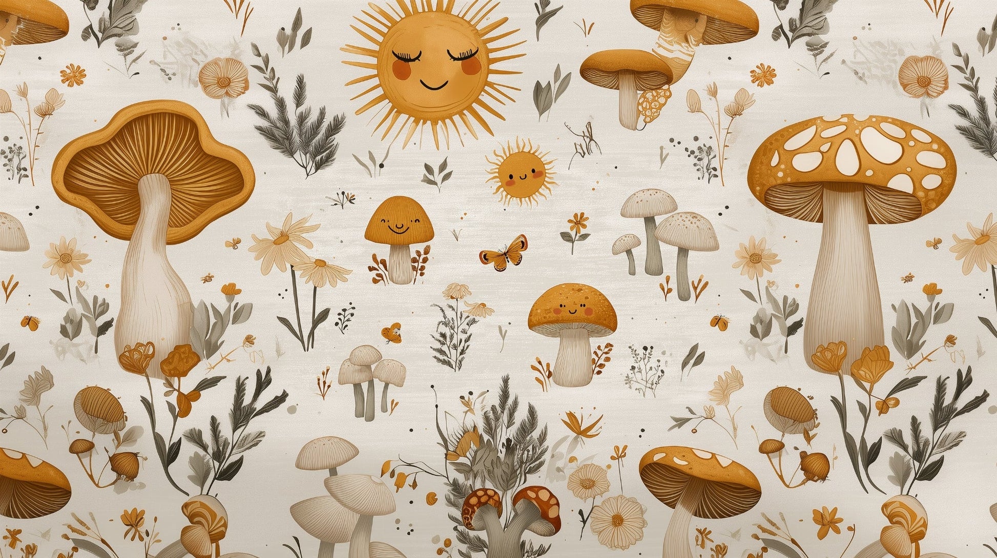 Kids-Mundo mushroom meadow wallpaper flat artwork showing smiling mushrooms, daisies and a sun