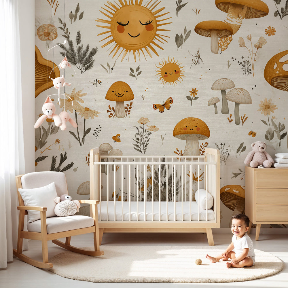 Kids-Mundo mushroom meadow pattern wall mural in a warm cream nursery with a wooden cot
