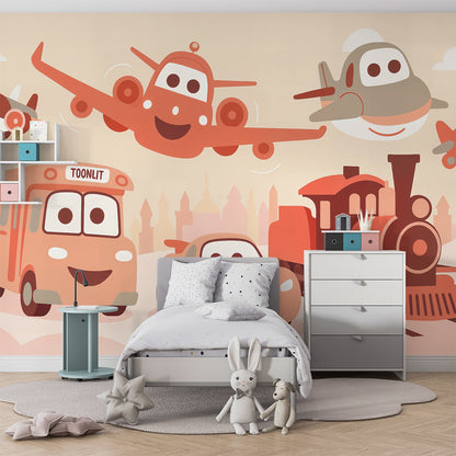 Kids-Mundo vehicle wall mural made to measure covering a feature wall in a toddler's bedroom