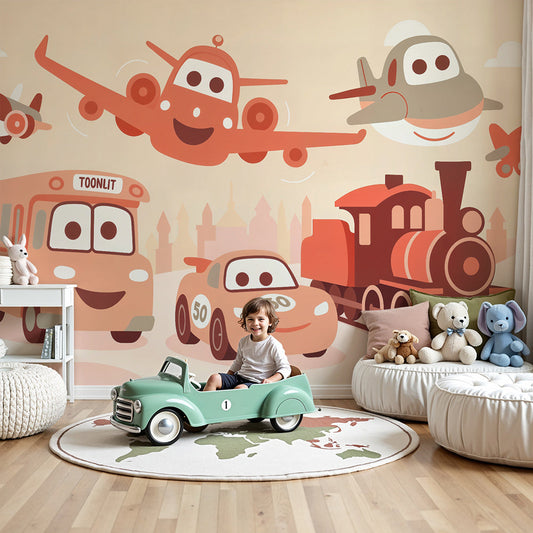 Kids-Mundo happy vehicles wall mural with planes and trains above a cot in a nursery