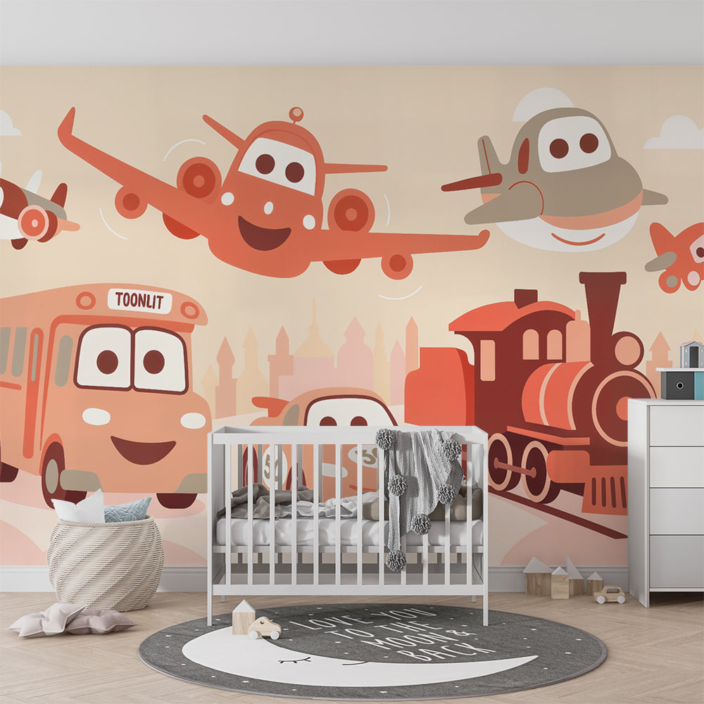 Kids-Mundo planes and cars wall mural bringing a soft pastel sky to a playroom wall