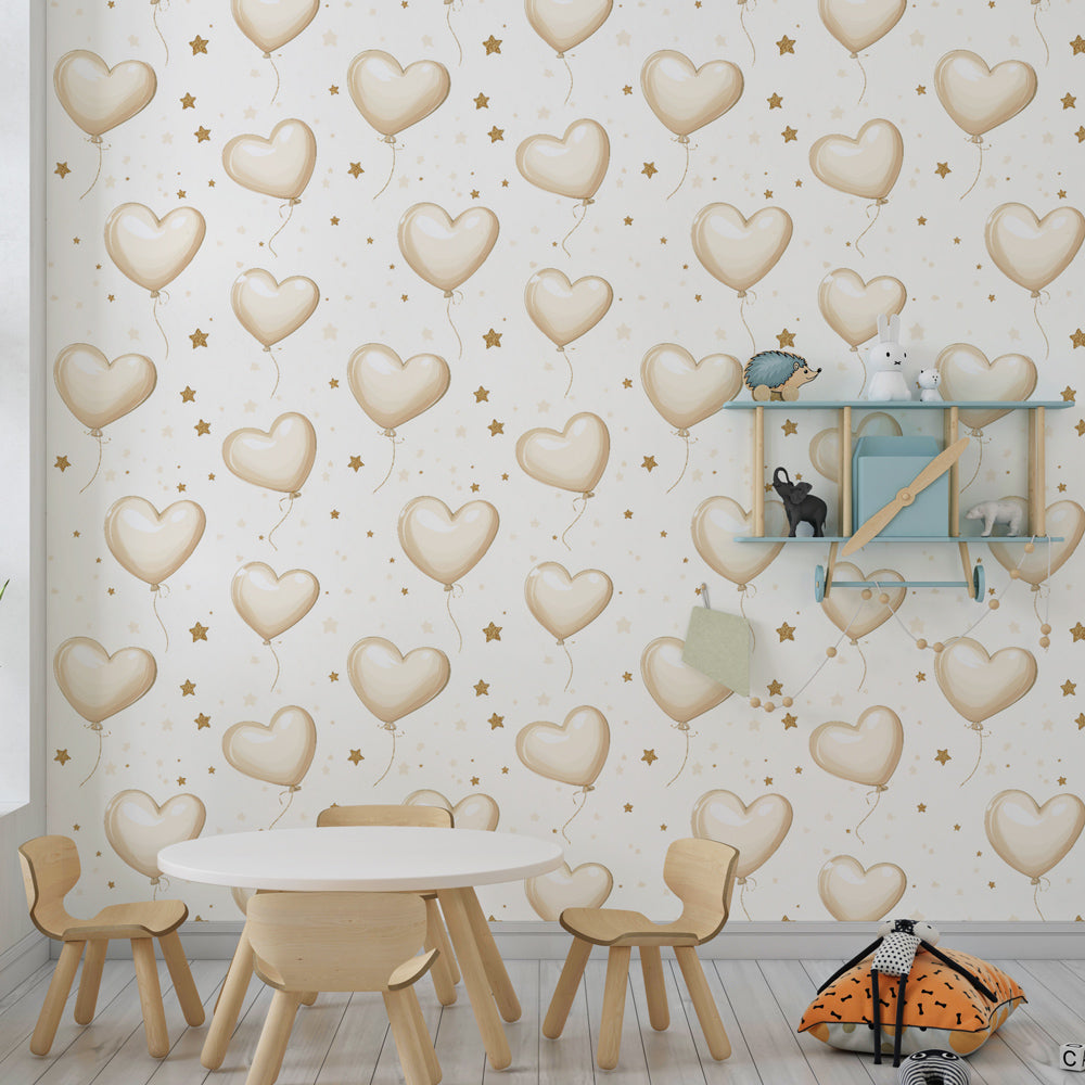 Golden heart balloons mural wallpaper transforming children's bedroom into dreamy space