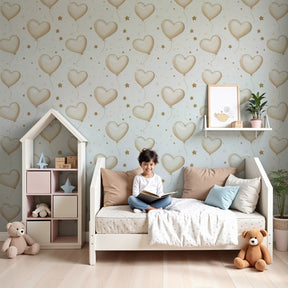 Heart balloon mural wallpaper with golden hearts creating magical nursery decor by Kids-Mundo