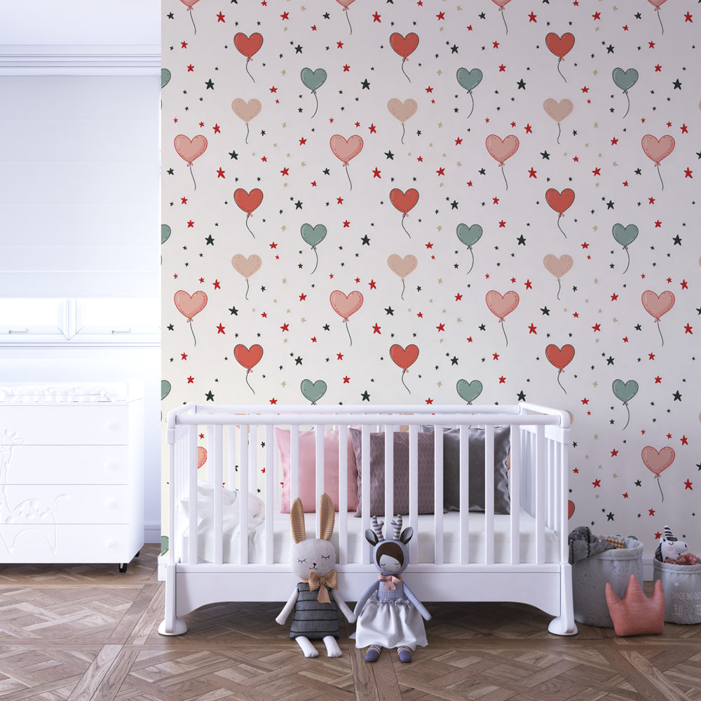 Heart-shaped balloon mural wallpaper with stars transforming kids playroom space