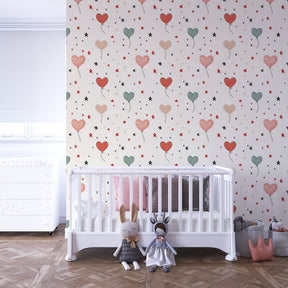 Heart-shaped balloon mural wallpaper with stars transforming kids playroom space