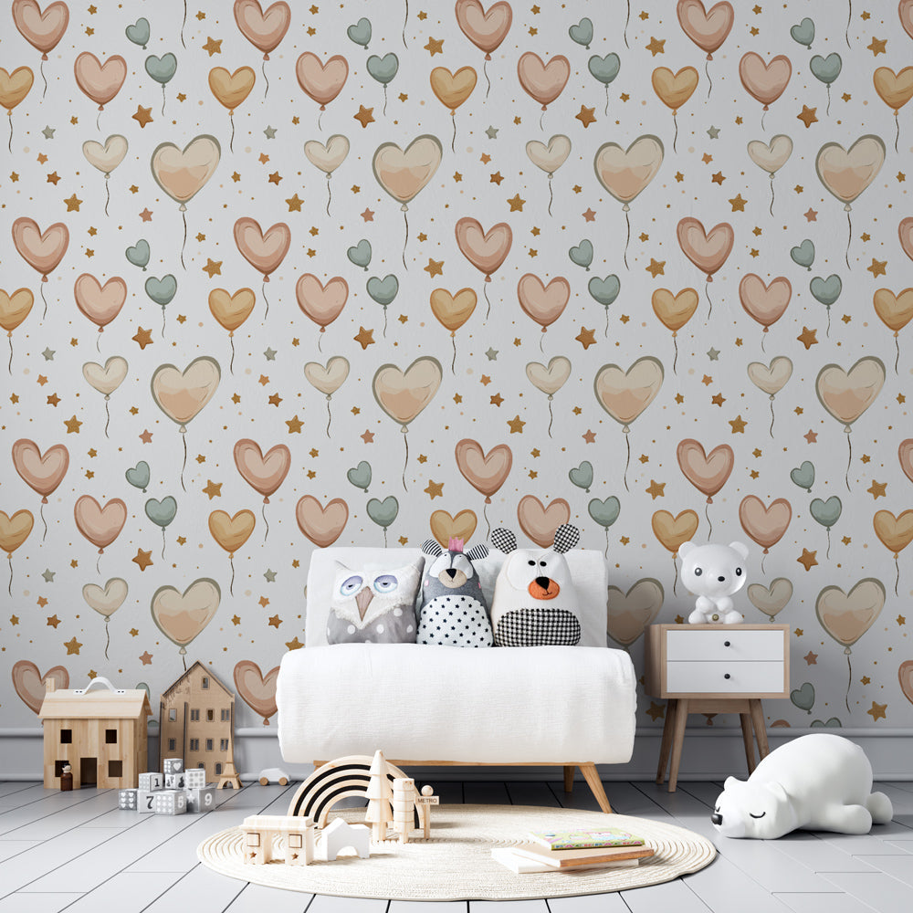 Children's bedroom featuring heart balloon wallpaper in soft pink and beige tones