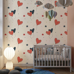 Red and black heart balloon wallpaper decorating modern children's bedroom space