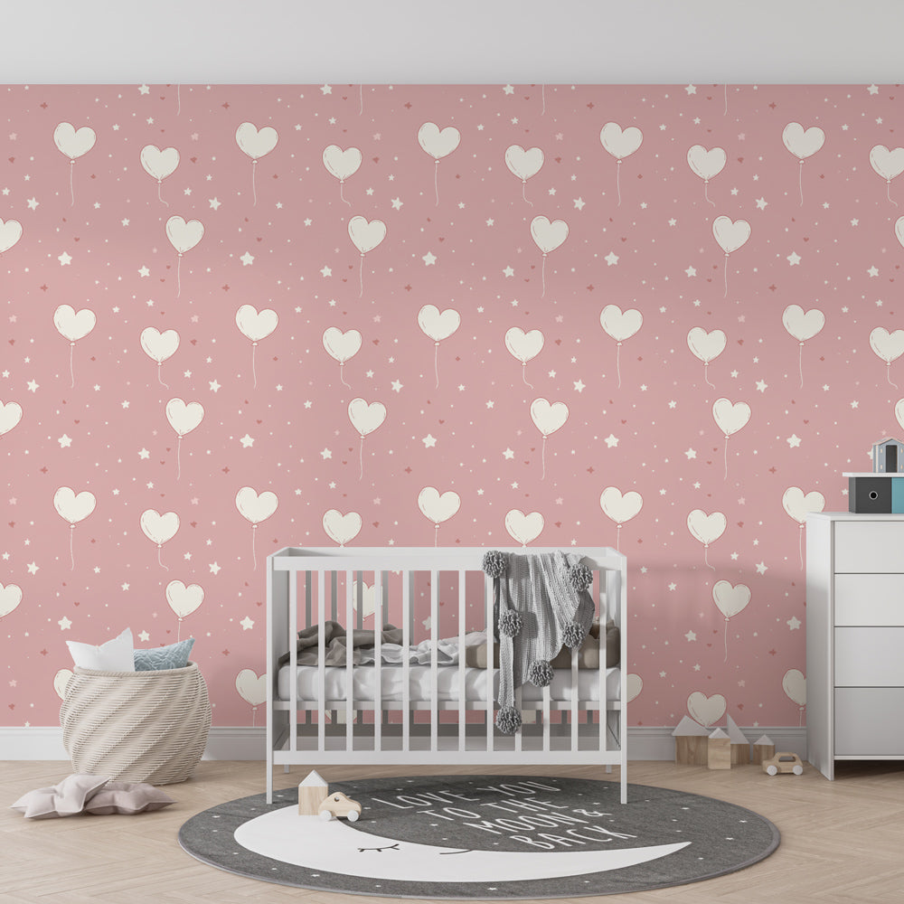 Whimsical heart balloons wallpaper decorating modern kids playroom space