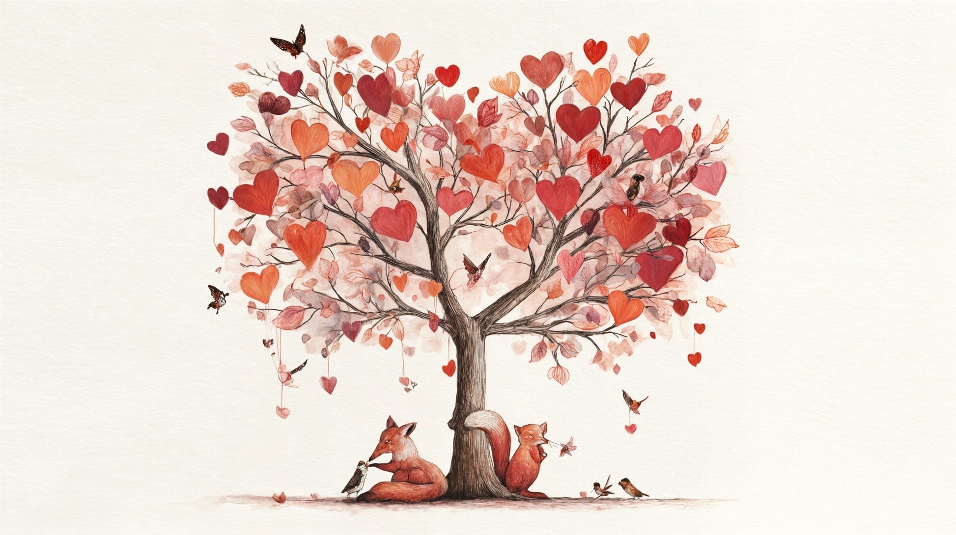 Kids-Mundo flat artwork of a heart-shaped tree with a fox and squirrel below