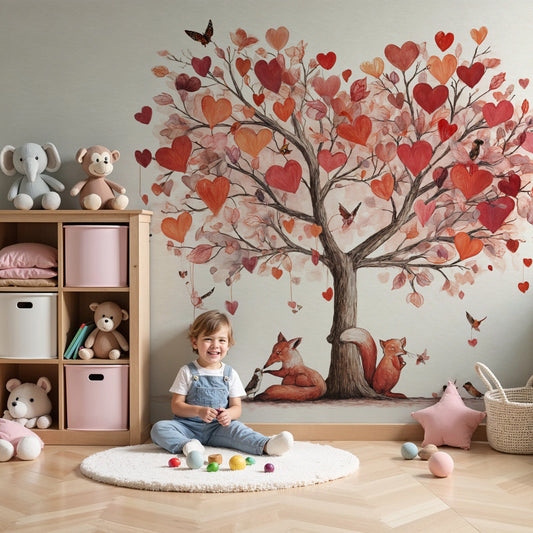 Kids-Mundo heart tree wall mural with a fox and squirrel in a soft nursery