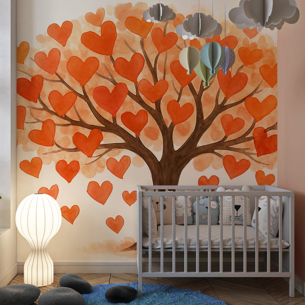 Romantic heart tree wallpaper creating warm atmosphere in children's bedroom