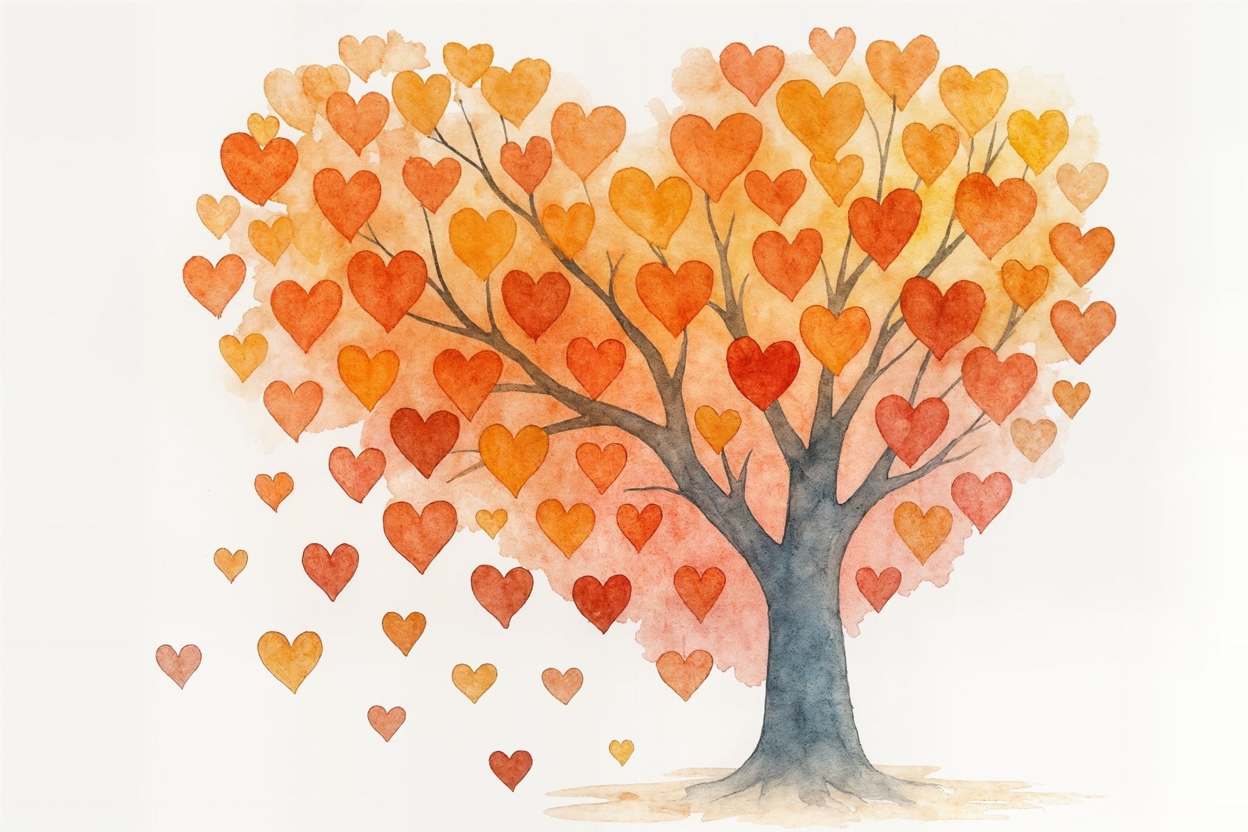 Detailed watercolor heart tree mural wallpaper design pattern with orange hearts by Kids-Mundo