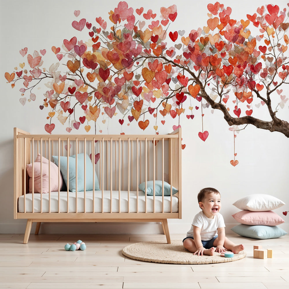 Heart tree mural wallpaper with pink and red heart leaves in modern kids nursery by Kids-Mundo