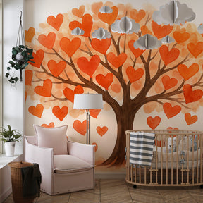 Orange and red heart tree mural wallpaper in cozy kids playroom setting
