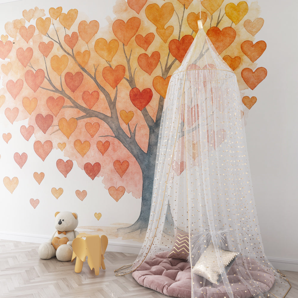 Orange heart tree mural wallpaper transforming playroom into magical love-themed space