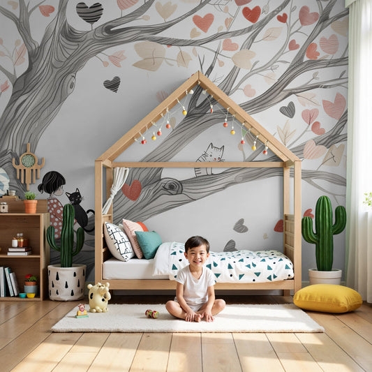 Kids-Mundo heart tree wall mural with playful cats printed on a nursery wall behind a cot